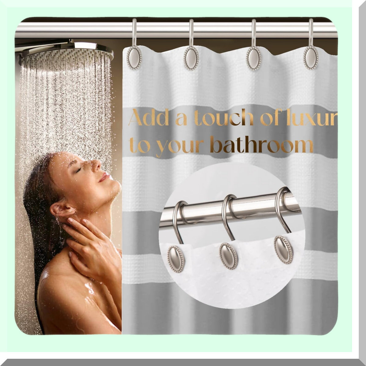 RustGuard Brushed Nickel Shower Curtain Hooks - Decorative, Rust Resistant Metal Rings for Bathroom, Set of 12